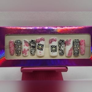 Hot Pink, White, Black with Rhinestone Press On Nails